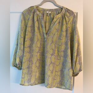 Joie Green and Yellow Relaxed Blouse with Mandarin Collar